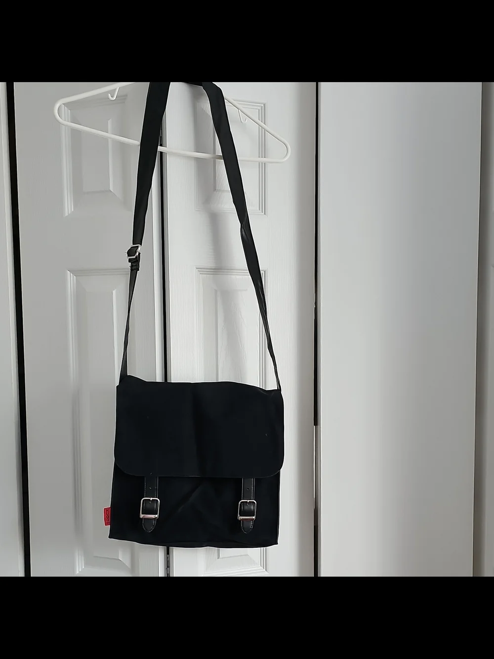 HUGO Black Suede Messenger Bag with Buckle Straps